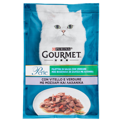 PURINA GOURMET PERLA BUSTINA  FILETTINI IN SALSA MINI CON VITELLO E VERDURE. 85 GR
