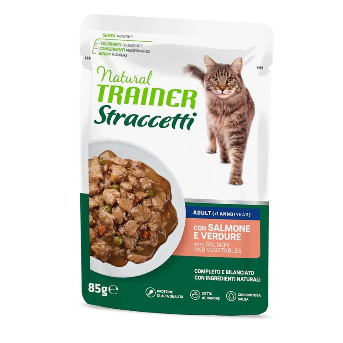 NATURAL TRAINER CAT ADULT STRACCETTI CON SALMONE E VERDURE  85 GR