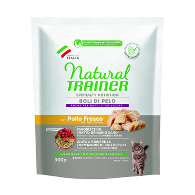 NATURAL TRAINER CAT ADULT BOLI DI PELO CON POLLO E MIX DI FIBRE  300 GR.