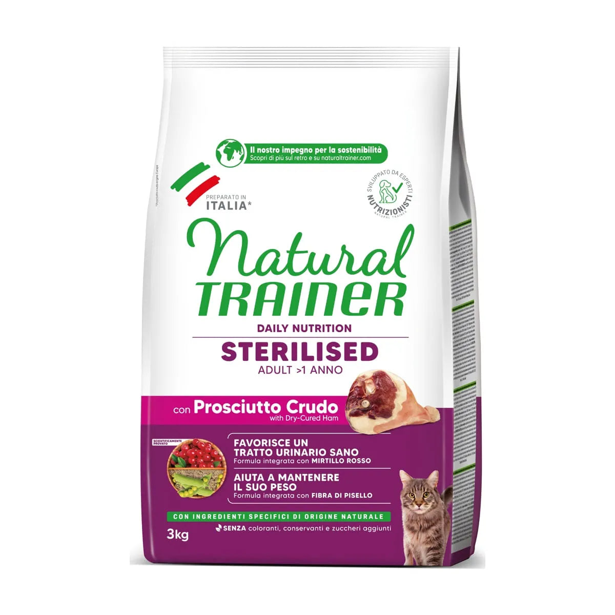 NATURAL TRAINER GATTO ADULT STERILIZZATO CON PROSCIUTTO CRUDO E FIBRA DI PISELLO 3 KG.