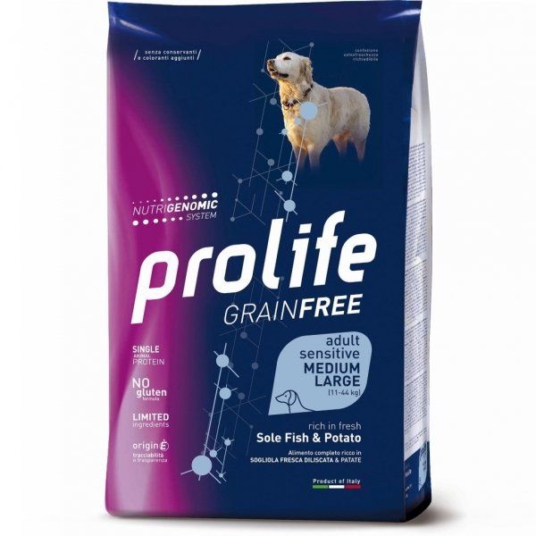 PROLIFE GRAIN FREE ADULT MEDIUM LARGE CON SOGLIOLA E PATATE 10 KG.