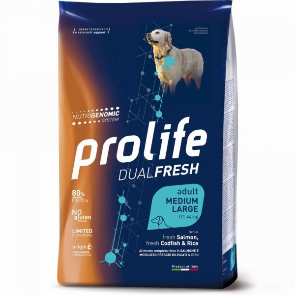 PROLIFE ADULT MEDIUM LARGE RICCO IN SALMONE E MERLUZZO E RISO  12 KG.