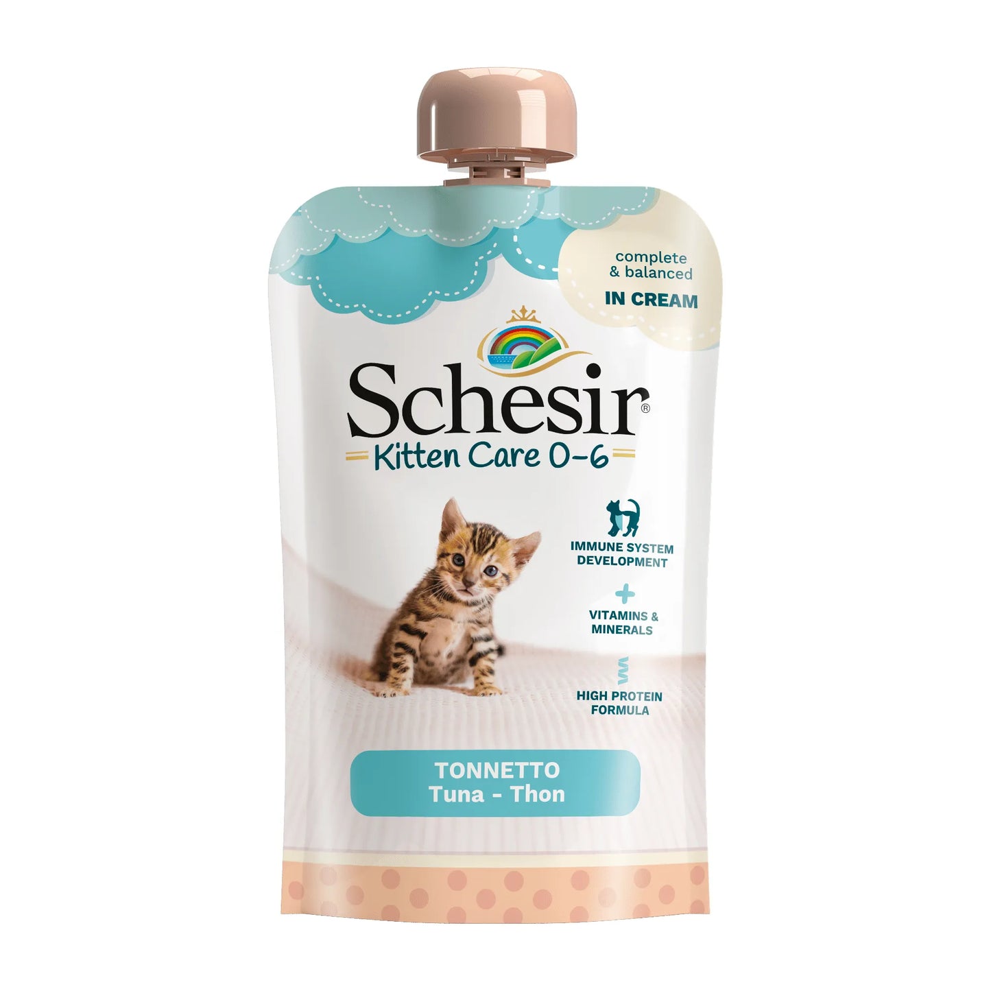 SCHESIR BUSTINA KITTEN CARE DA 0-6 MESI  TONNETTO IN CREMA 150 GR