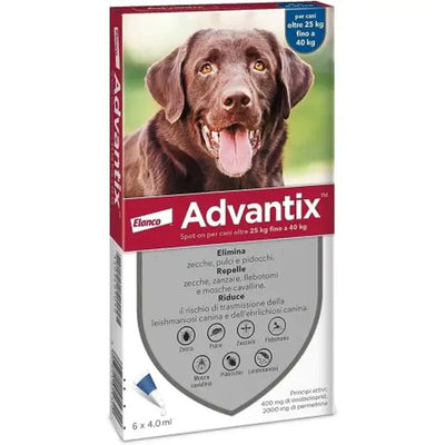 ADVANTIX SPOT-ON PER CANI OLTRE  25 KG FINO A 40 KG CONFEZIONE DA 6 PIPETTE DA 4,0 ML CAD 72,00