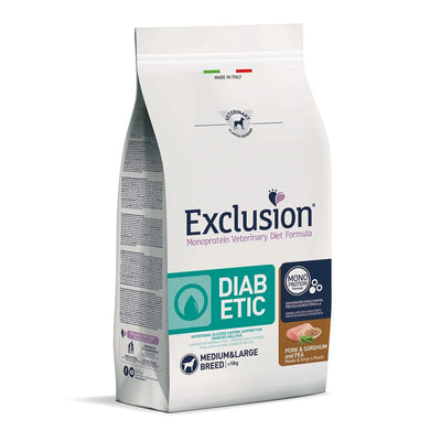 EXCLUSION DIABETIC  MEDIUM&LARGE ADULT CON MAIALE SORGO E PISELLI 12 KG.