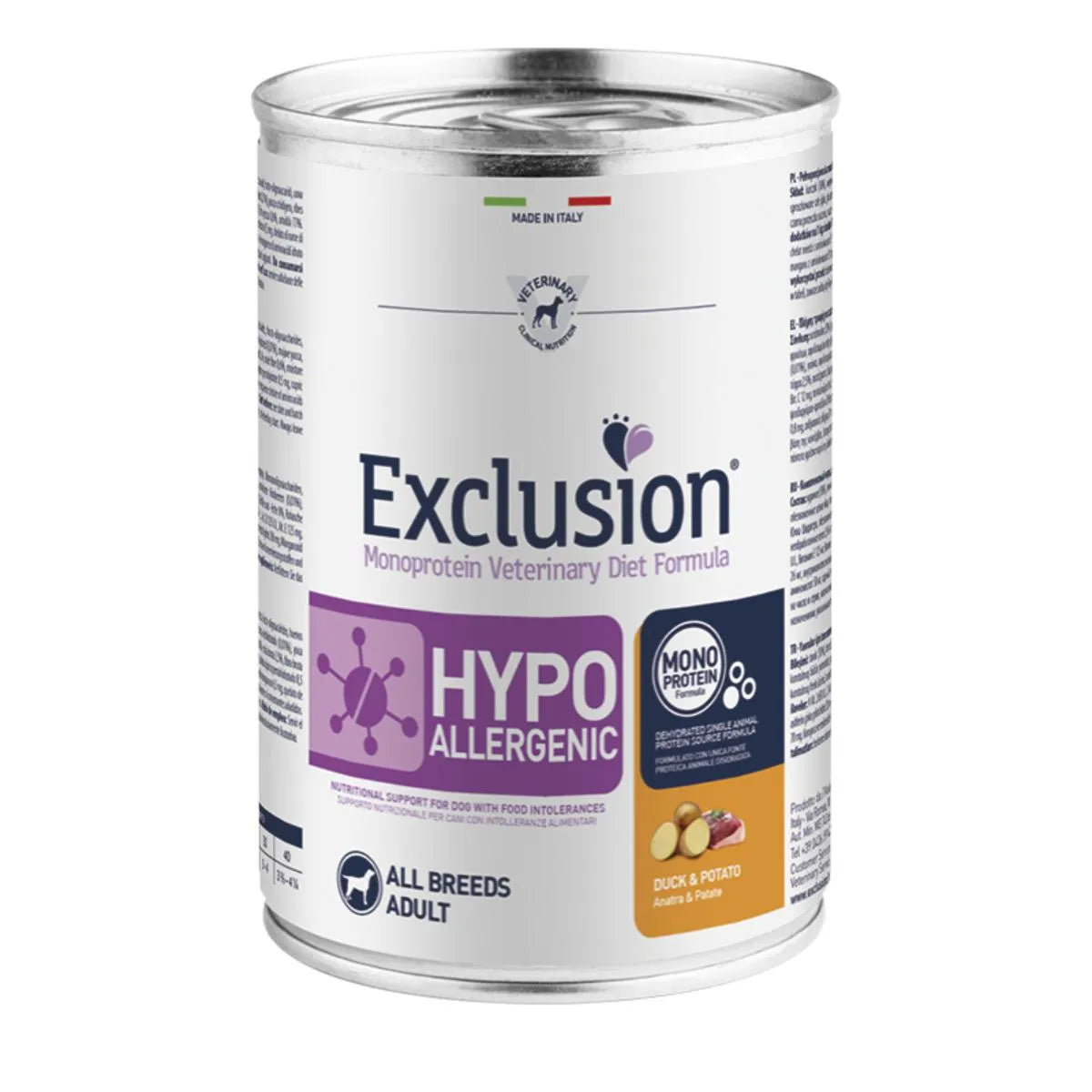 EXCLUSIONHIPOALLERGENIC  ALL BREEDS ADULT CON QUAGLIA E PISELLI 400 GR.
