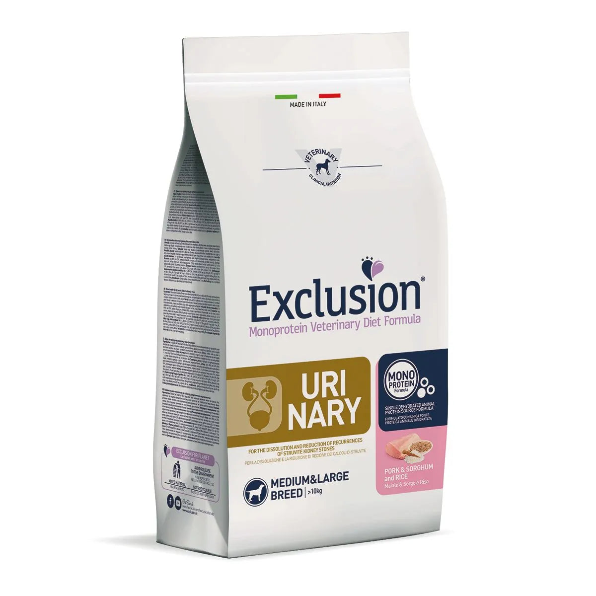 EXCLUSION  URINARY MEDIUM&LARGE BREED ADULT CON MAIALE SORGO E RISO 2 KG.