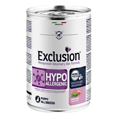 EXCLUSION HIPOALLERGENICO PUPPY CON MAIALE E PISELLI 400 GR.