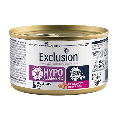 EXCLUSION HYPOALLERGENIC GATTO ADULT 85 GR CON MAIALE E PATATE.