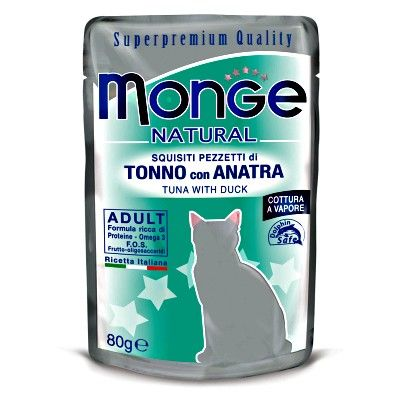 MONGE BUSTINE NATURAL ADULT 80 GR  CON TONNO CON ANATRA.