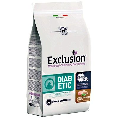 EXCLUSION DIABETIC SMALL BREEDS ADULT CON  MAIALE SORGO E PISELLI 2 KG.