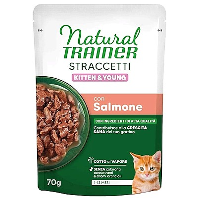 NATURAL TRAINER CAT STRACCETTI KITTEN CON SALMONE  85 GR