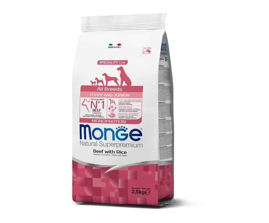 MONGE NATURAL SUPERPREMIUM  ALL BREED PUPPY CON  MANZO E RISO 2,5 KG.