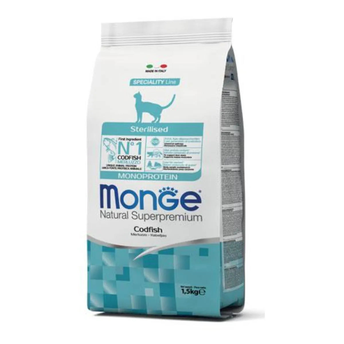 MONGE NATURAL SUPERPREMIUM MONOPROTEICO GATTO STERILIZZATO CON MERLUZZO 1,5 KG.