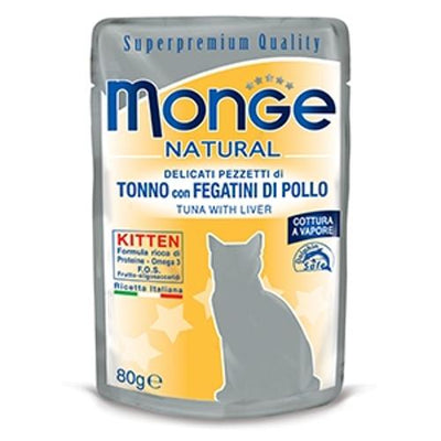 MONGE NATURAL KITTEN  BUSTINE   TONNO CON FEGATINI DI POLLO  80 GR.