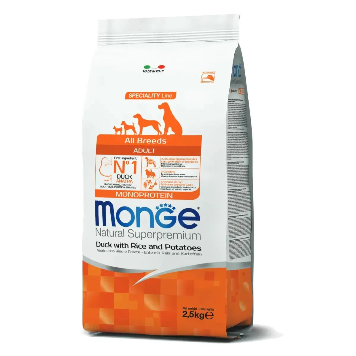 MONGE NATURAL SUPERPREMIUM ALL BREED ADULT CON ANATRA 2,5 KG.