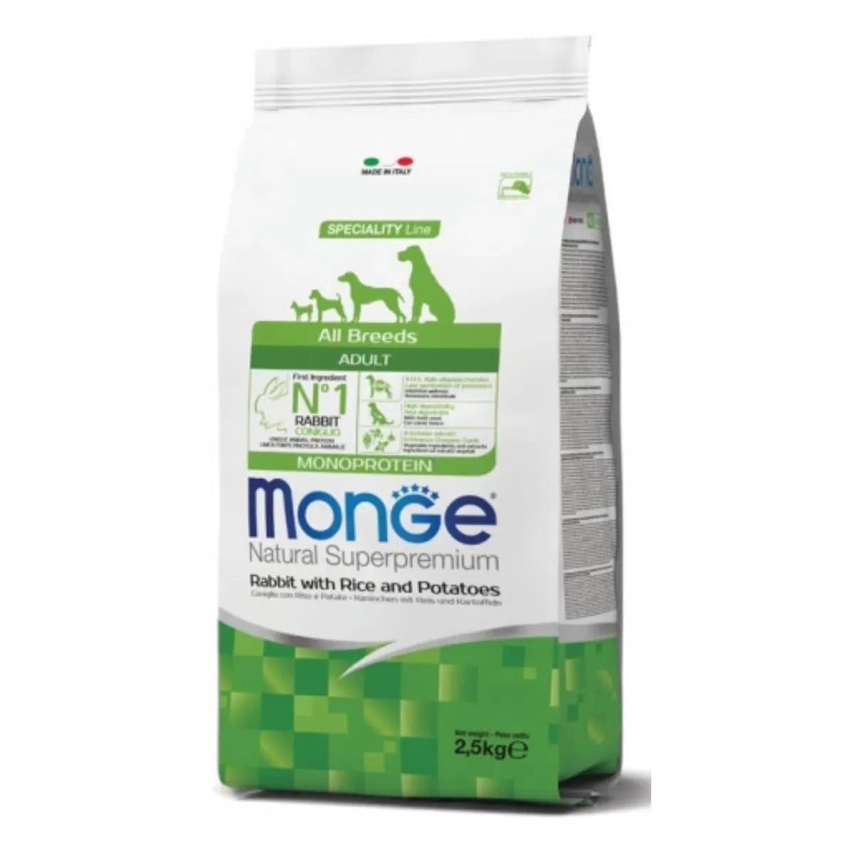 MONGE NATURAL SUPERPREMIUM ALL BREED ADULT CON CONIGLIO RISO E PATATE 2,5 KG.