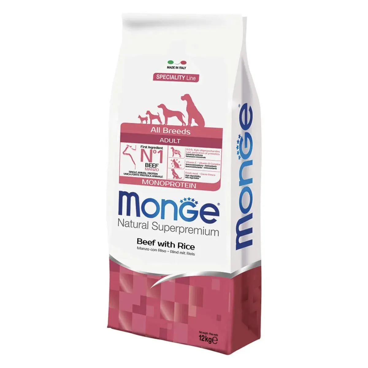 MONGE NATURAL SUPERPREMIUM ADULT  MANZO CON RISO  12 KG.
