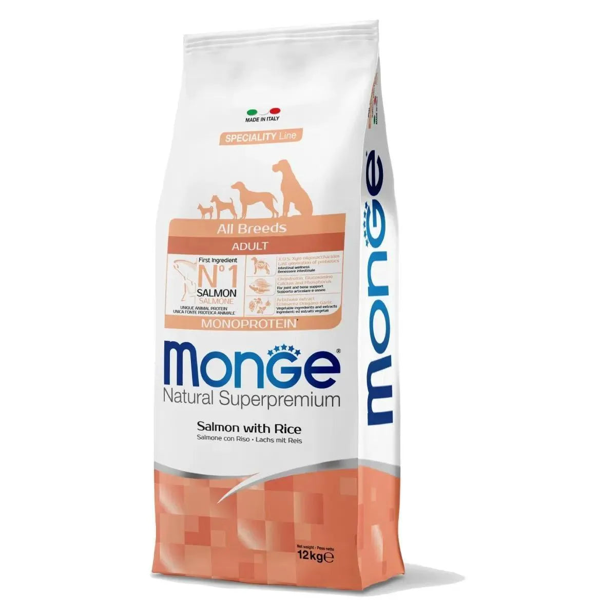 MONGE DOG  NATURAL SUPERPREMIUM ADULT CON SALMONE 12 KG.