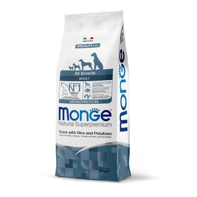 MONGE NATURAL SUPERPREMIUM ADULT CON TROTA RISO E PATATE 12 KG.