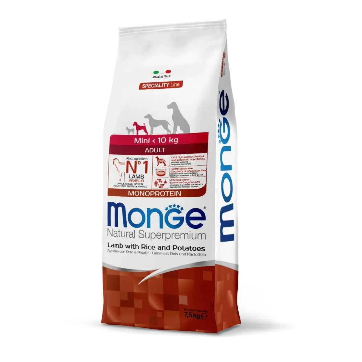 MONGE NATURAL SUPERPREMIUM MINI ADULT AGNELLO CON RISO 7,5 KG.