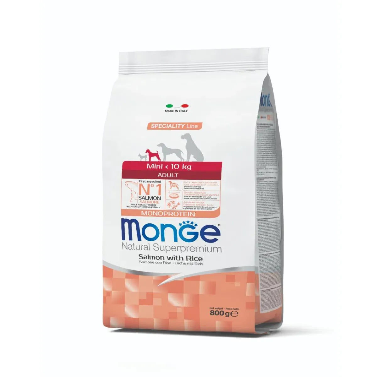 MONGE NATURAL SUPERPREMIUM  MINI ADULT CON SALMONE E RISO 800 GR.