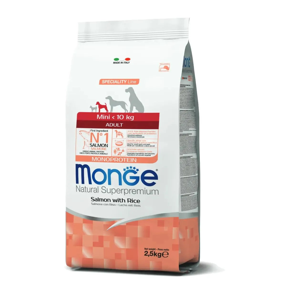 MONGE NATURAL SUPERPREMIUM  MINI ADULT SALMONE CON RISO 2,5 KG.