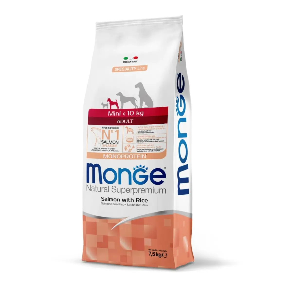 MONGE NATURAL PREMIUM MINI ADULT SALMONE CON RISO 7,5 KG.