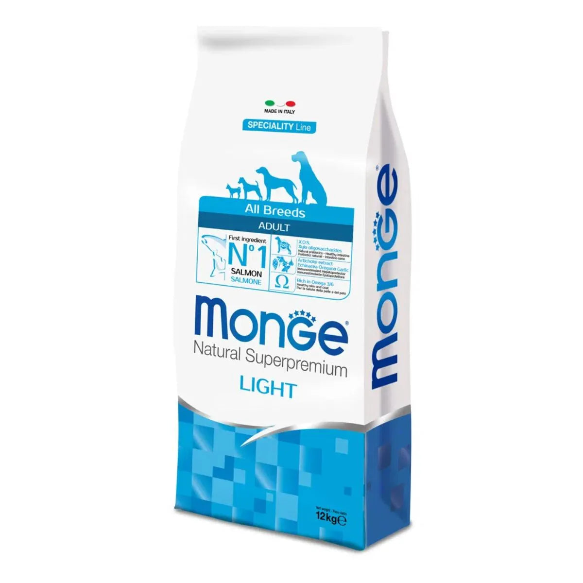MONGE NATURAL SUPERPREMIUM LIGHT ALL BREEDS ADULT CON SALMONE 12 KG.