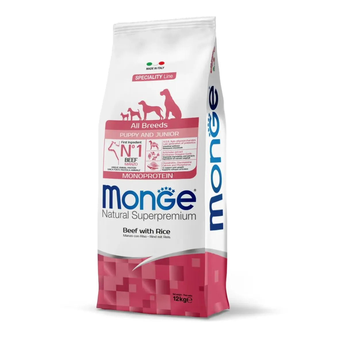 MONGE NATURAL PREMIUM PUPPY&JUNIOR MANZO CON RISO 12 KG.