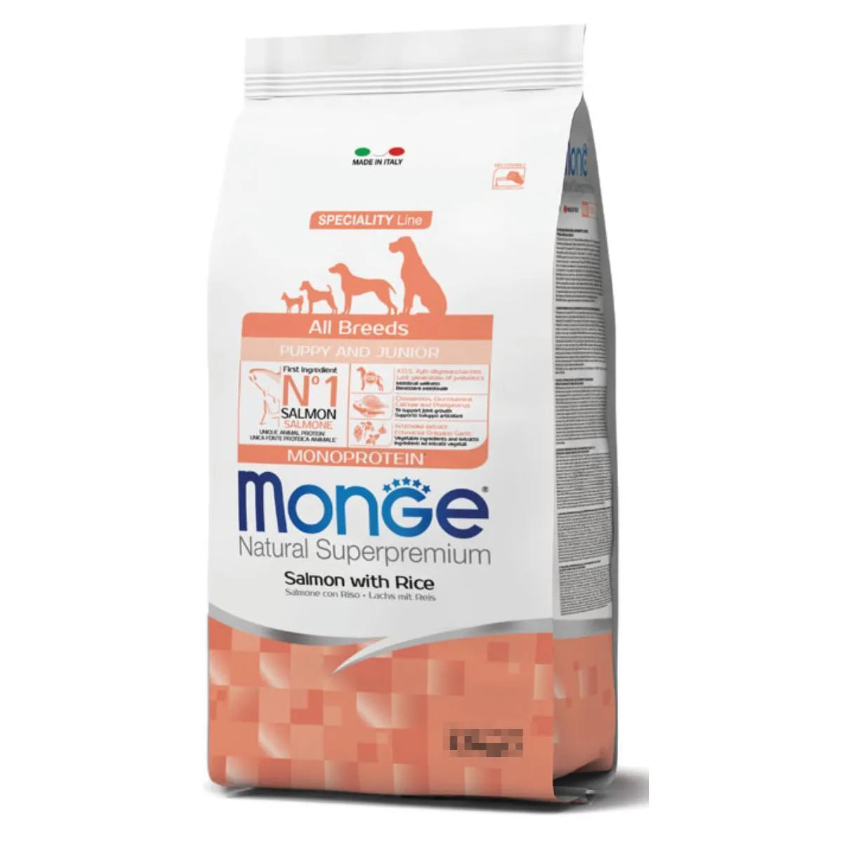 MONGE NATURAL SUPERPREMIUM  PUPPY CON SALMONE E RISO 12 KG.