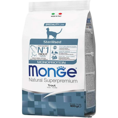 MONGE NATURAL SUPERPREMIUM GATTO STERIZZATO  CON TROTA 400 GR.