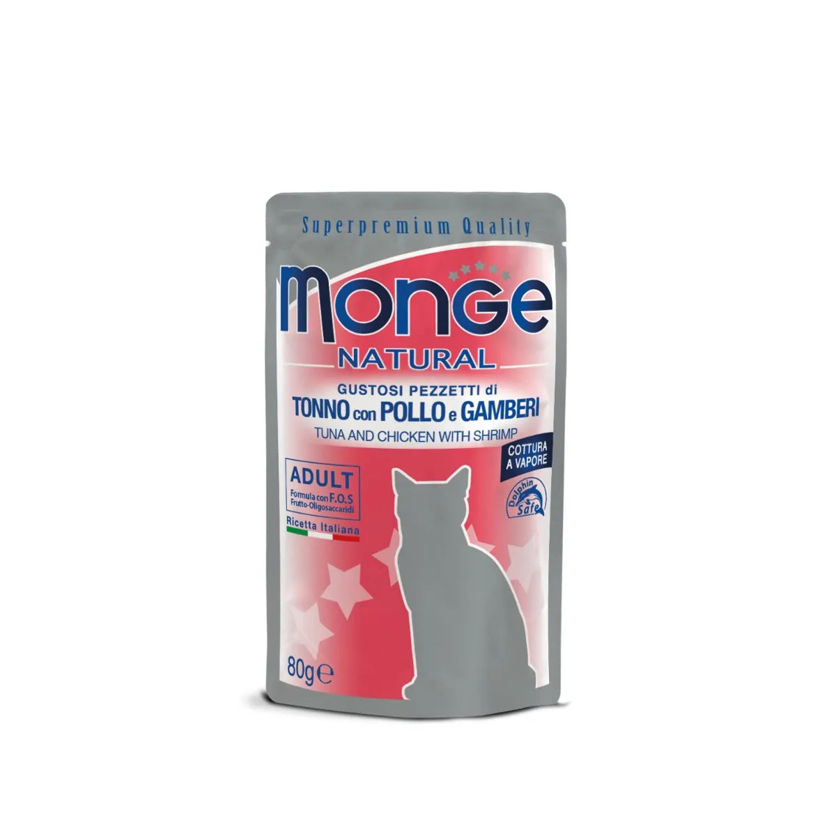 MONGE BUSTINE NATURAL ADULT  80 GR CON  TONNO, POLLO, E GAMBERETTI.