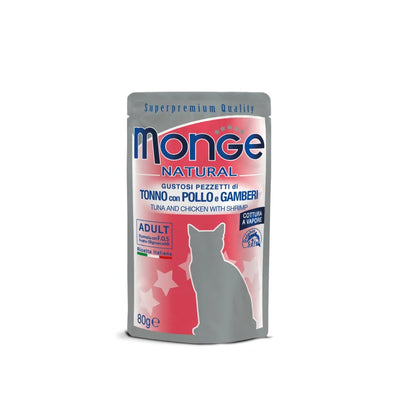MONGE BUSTINE NATURAL ADULT  80 GR CON  TONNO, POLLO, E GAMBERETTI.