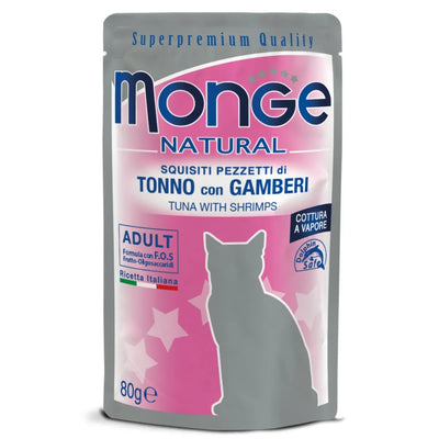 MONGE BUSTINE NATURAL ADULT 80 GR CON TONNO E GAMBERETTI.