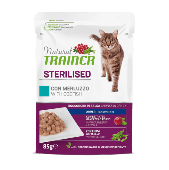 NATURAL TRINER CAT ADULT  BUSTINE STERILIZZATO CON MERLUZZO 85 GR.