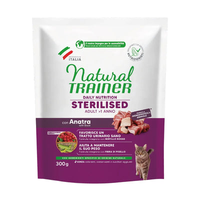 NATURAL TRAINER CAT ADULT STERILIZZATO  CON ANATRA E FIBRA DI PISELLO 300 GR.