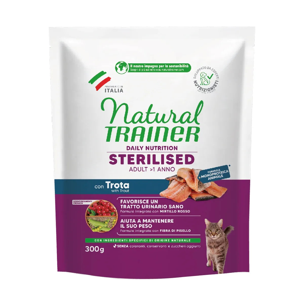 NATURAL TRAINER CAT ADULT STERILIZZATO CON TROTA E FIBRA DI PISELLO 300 GR.