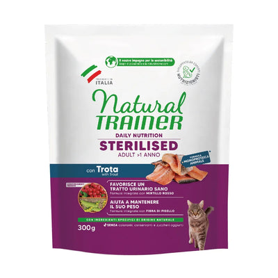 NATURAL TRAINER CAT ADULT STERILIZZATO CON TROTA E FIBRA DI PISELLO 300 GR.