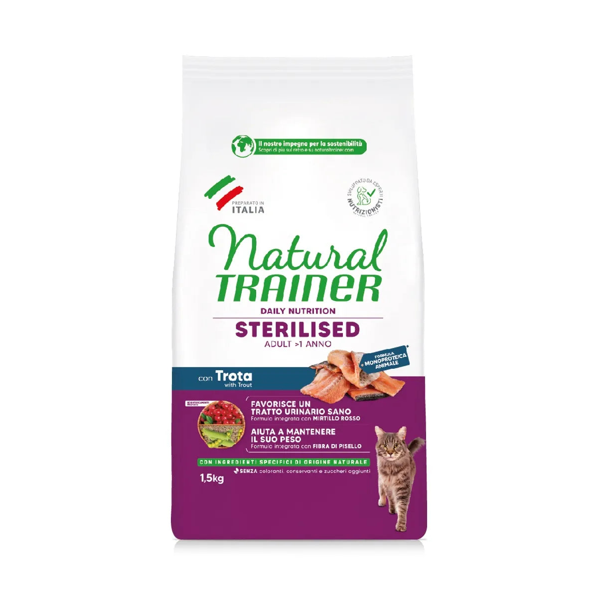 NATURAL TRAINER CAT ADULT STERILIZZATO CON TROTA E  FIBRA DI PISELLO KG 1,5
