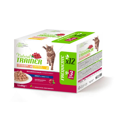 NATURAL TRAINER CAT ADULT MULTIPACK X 12 CON SALMONE E POLLO DA 85 GR