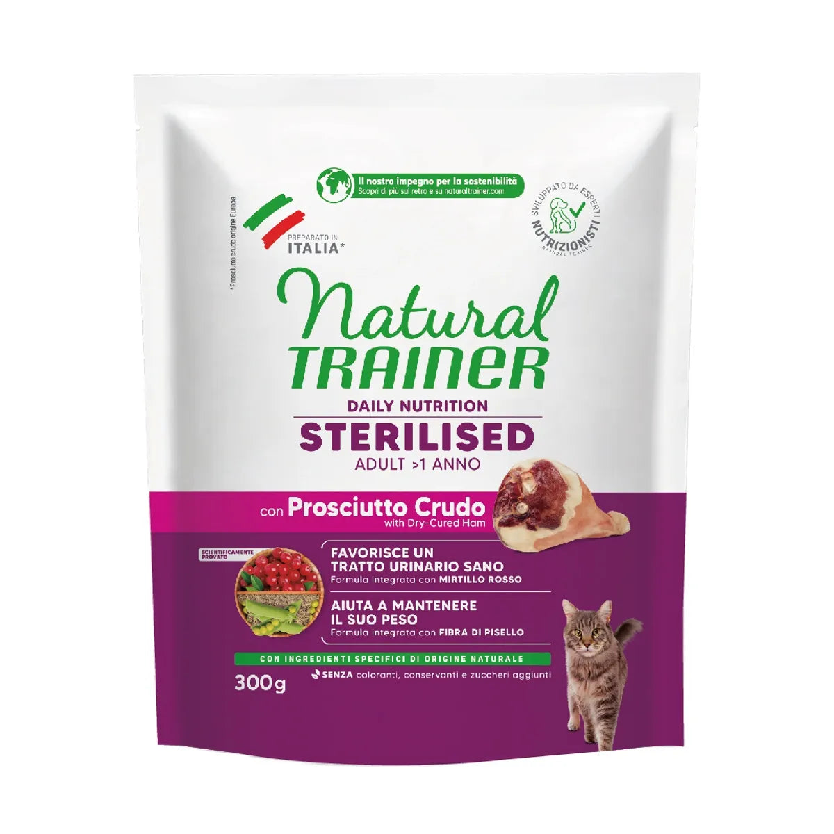 NATUR TRAINER CAT  STERILLIZATO CON PROSCIUTTO E FIBRA DI PISELLO 300 GR