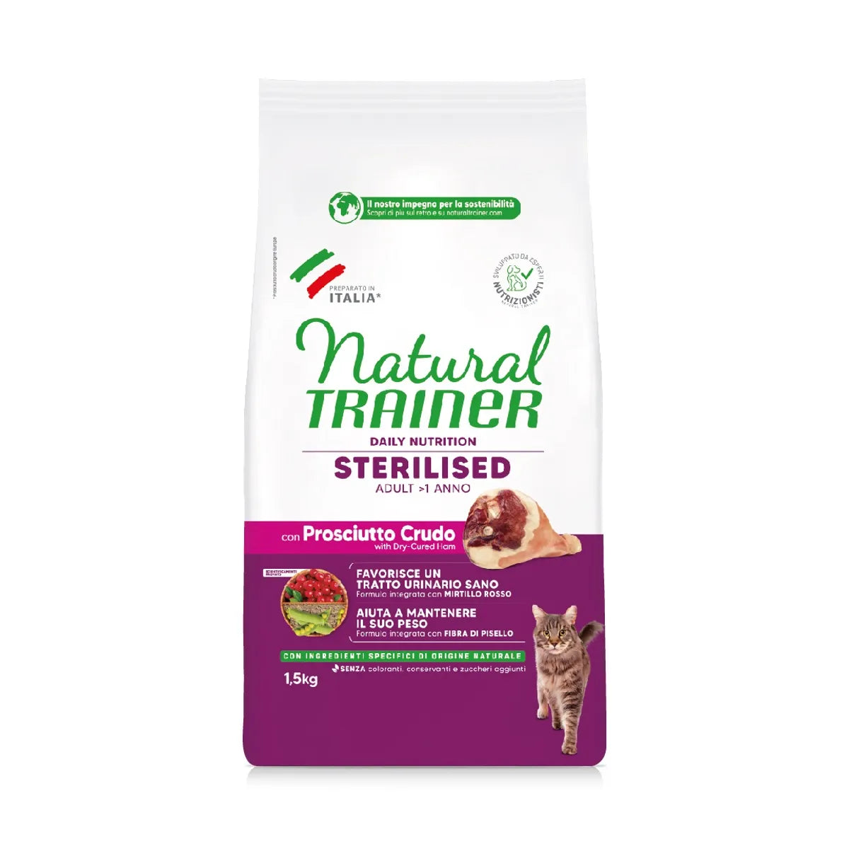 NATURAL TRAINER CAT STERILIZZATO  ADULT CON PROSCIUTTO E FIBRA DIPISELLO 1,5 KG.