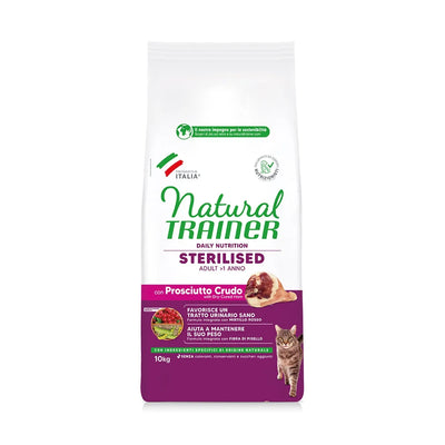 NATURAL TRAINER CAT ADULT STERILIZZATO CON PROSCIUTTO E FIBRA DI PISELLI 10 KG
