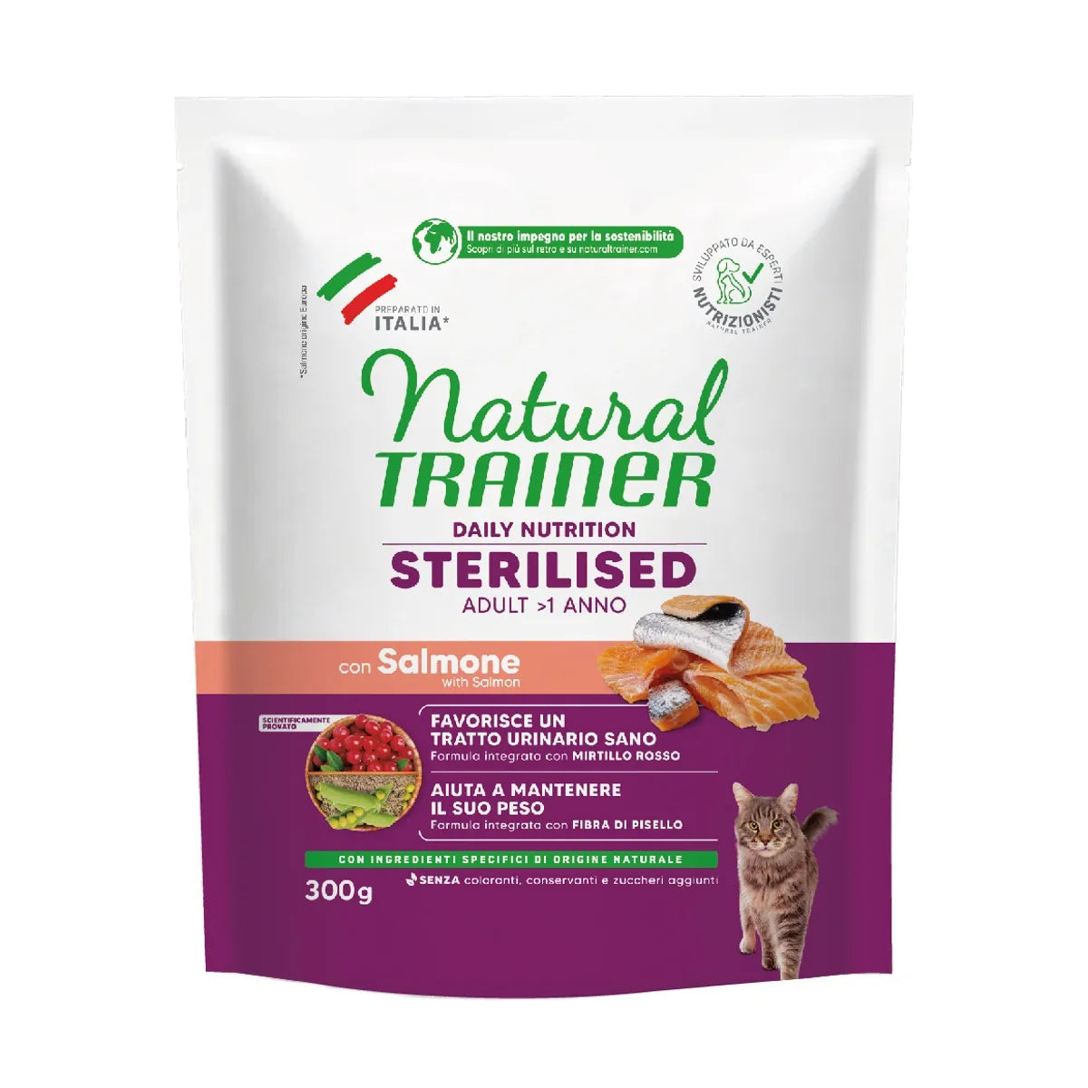 NATURAL TRAINER CAT STERILIZZATO ADULT CON SALMONE E FIBRE DI PISELLO 300 GR.