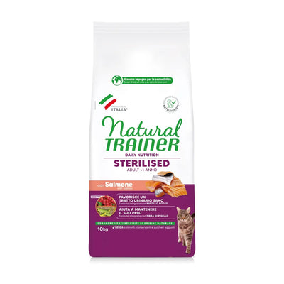 NATURAL TRAINER GATTO ADULT STERILIZZATO CON SALMONE E FIBRA DI PISELLO 10 KG