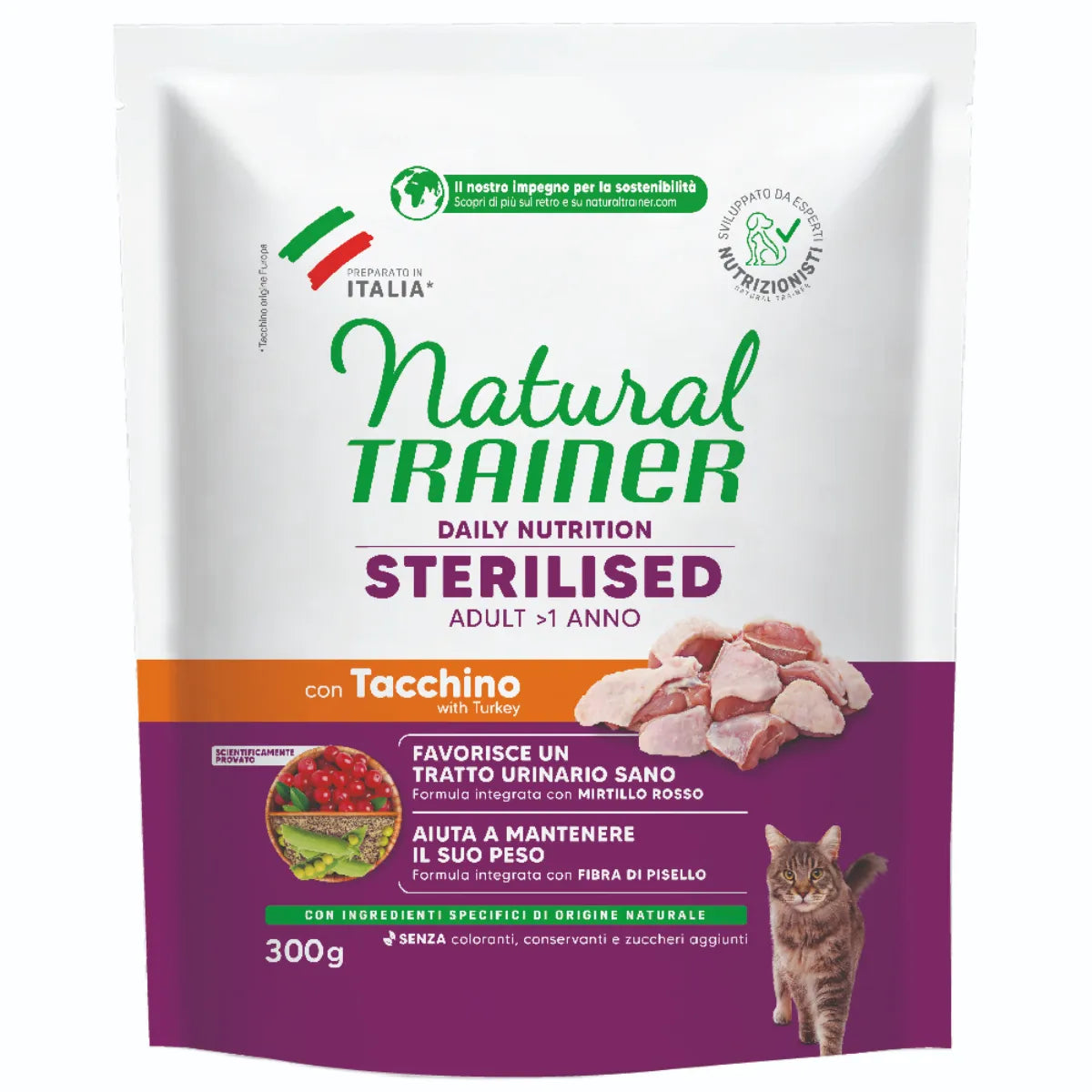 NATURAL TRAINER CAT ADULT STERILIZZATO  300 GR CON TACCHINO E FIBRA DI PISELLI.