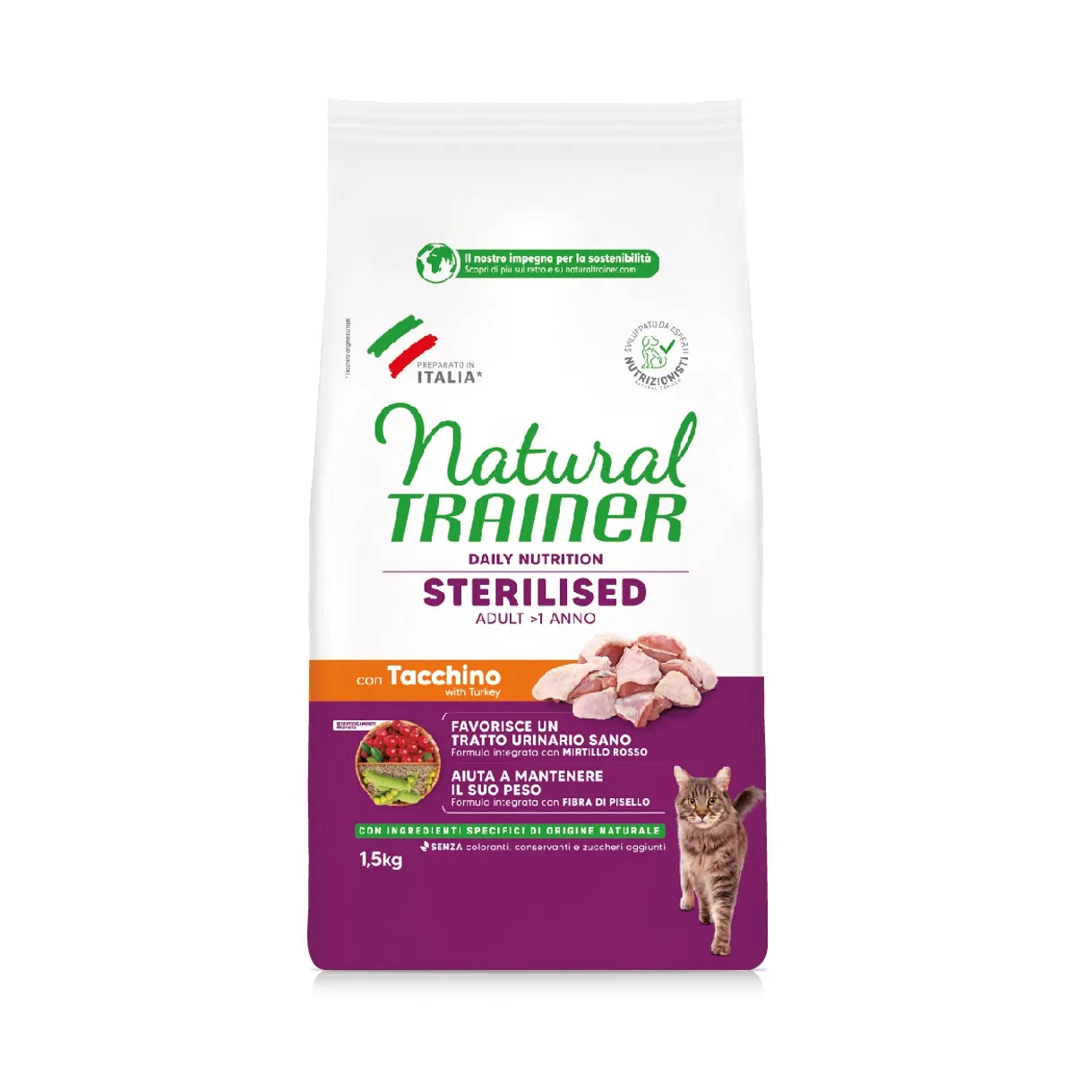 NATURAL TRAINER CAT STERILIZZATO CON TACCHINO E FIBRA DI PISELLI 1,5 KG.
