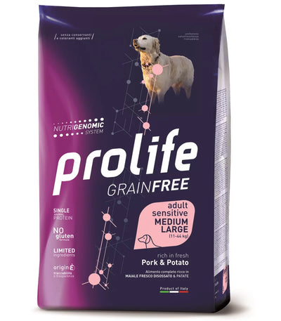 PROLIFE GRAIN FREE ADULT  MEDIUM LARGE  CON MAIALE E PATATE  2,5 KG.