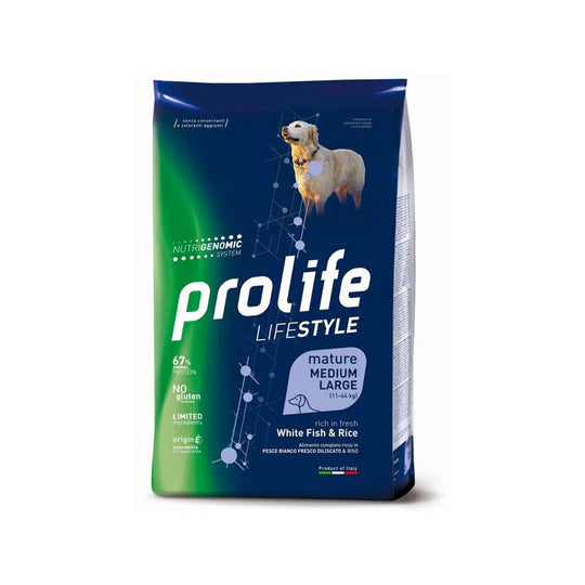PROLIFE MATURE MEDIUM LARGE RICCO IN PESCE BIANCO E RISO 12 KG.